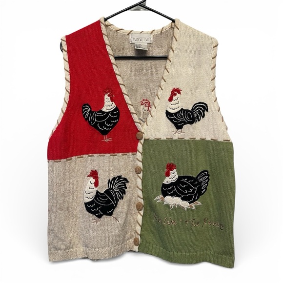 Vintage Jackets & Blazers - Vintage 90’s/Y2K Era Mandal Bay Multicolor Rooster/Chicken Embroidered Vest L